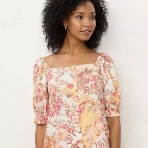 LC Lauren Conrad Tops - LC Lauren Conrad Button Down Tie Sleeve Square Neck Quilt Patch Floral Blouse